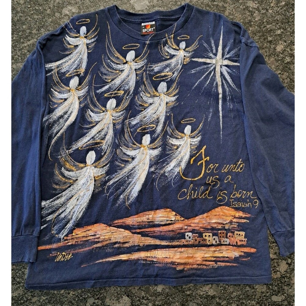 Vintage Signal Sport T-shirt Navy Blue Painted Angels Bible Verse Christmas XL
